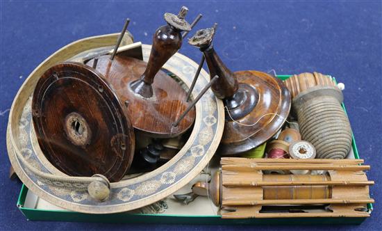 A group of assorted treen and other sewing ephemera, Victorian and later, including a coquilla and ebony thimble